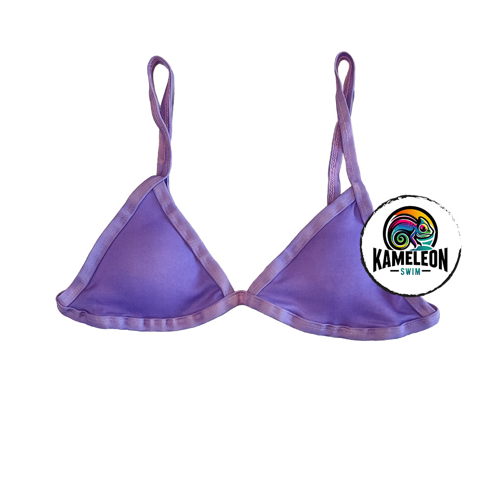 Candy Splash triangle bikini top in solid color form. Color changing from purple to pink with increased temperature activation.