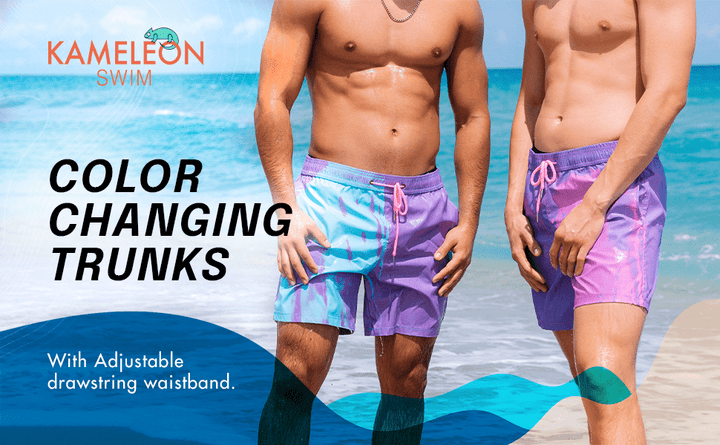 Color changing trunks image featuring two variety of swim shorts. first the berry blast that changes from purple to blue and next the candy splash that transforms from purple to pink. Kameleon Swim