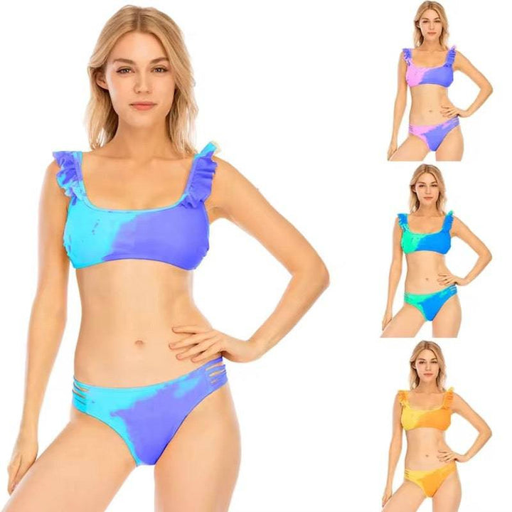 Four color options available in the frills color changing bikini by Kameleon Swim. Berry blast, candy splash, Atlantic, and sunburst. Kameleon Swim