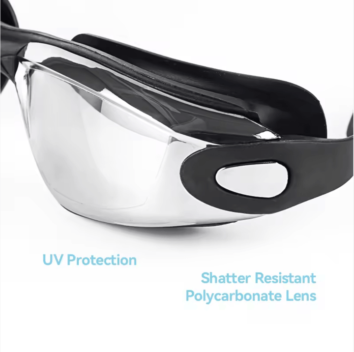 Polycarbonate-goggles showing the uv protection and shatter resistant lens. Kameleon Swim