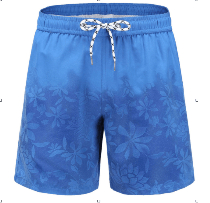 Men pattern appearing swim shorts. The hibiscus blue flowers appear when  the shorts come in contact with water impact. - Kameleon Swim