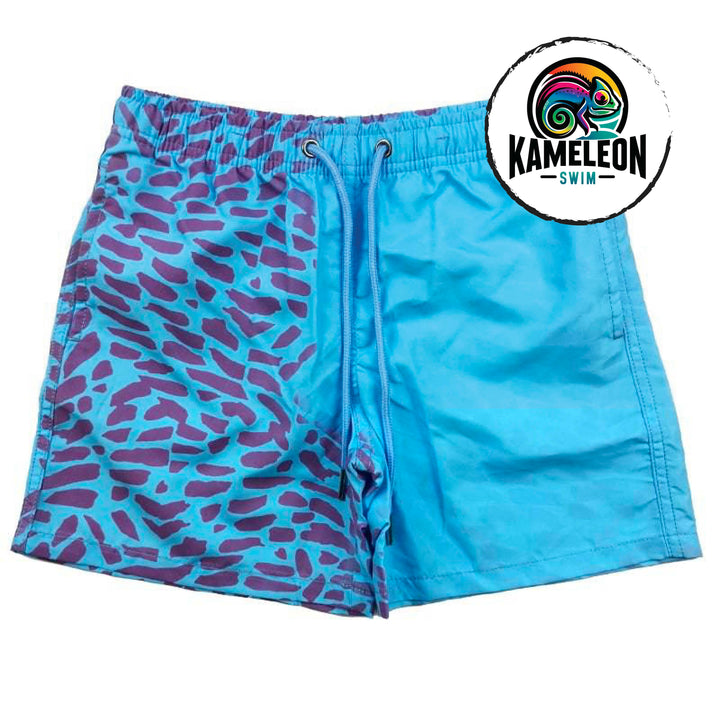 Color changing swim trunks for kids that activate when temperature changes.  This is our berry blast paint brush pattern that disappears when activated. - Kameleon Swim