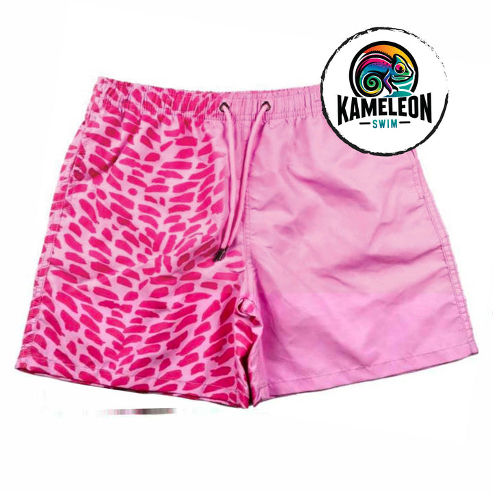 Color changing swim trunks for kids that activate when temperature changes.  This is our soft pint paint brush pattern that disappears when activated. - Kameleon Swim