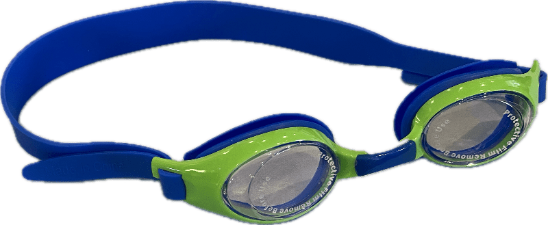 Kids swimming goggles with a blue strap and lime green frame with comfort silicone. Kameleon Swim