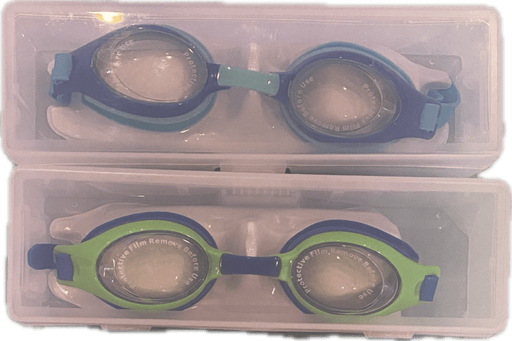 Two variety of swimming goggles in a hard case for transportation. kameleon swim