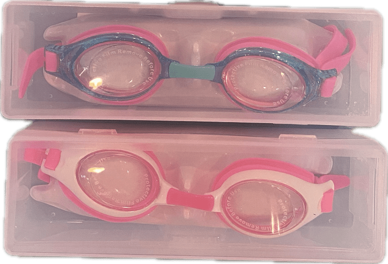 Kids swimming goggles in a hard case for transportation and longevity. Two colors displayed. Kameleon Swim