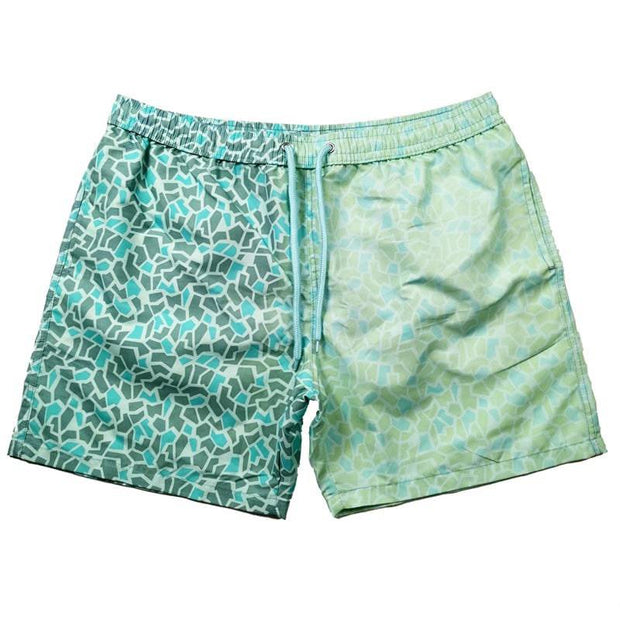 Color changing trunks diamond Pattern that transform from various green shade patterns to light green when activated by temperature