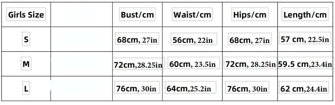 Kameleon Swim's sizing chart for girls one piece suits.