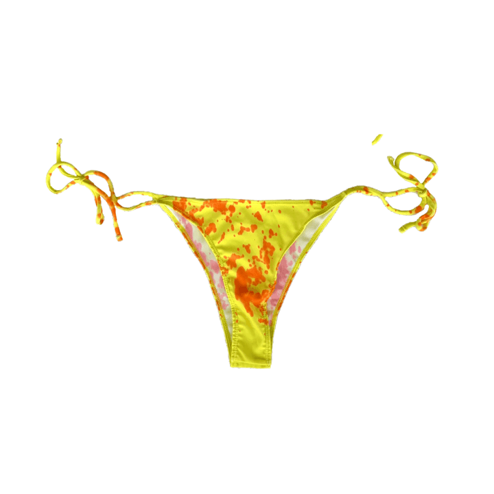 Color changing sunburst string bikini bottom that is partially changed.  Full change of color comes with temperature changing the bikini from orange to yellow when activated. Kameleon Swim