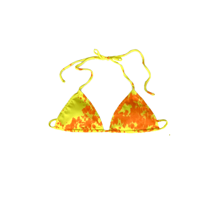 Color changing sunburst string bikini top that is partially changed.  Full change of color comes with temperature changing the bikini from orange to yellow when activated. Kameleon Swim