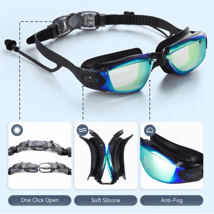 Swim goggles showing easy open clip, with the soft silicone and anti fog lenses. Also see the ear plug that is attached for easy on off. Kameleon Swim