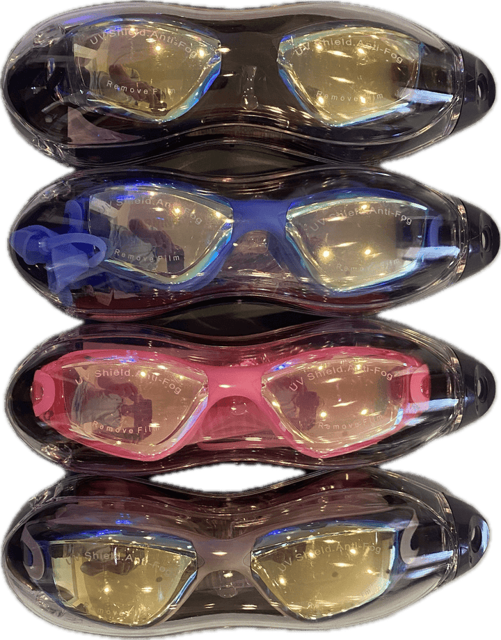 Swim goggles in cases showing the 4 variety that are here. Black, blue, pink, grey. Kameleon Swim