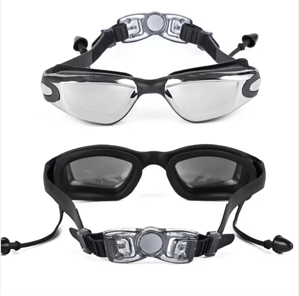 Swimming goggles showing the easy clip for securing the goggles. also shown are the ear plugs. Kameleon Swim