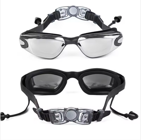 High quality swim goggles with attached ear plugs for easy in diving. Hard case for transportation. Kameleon Swim