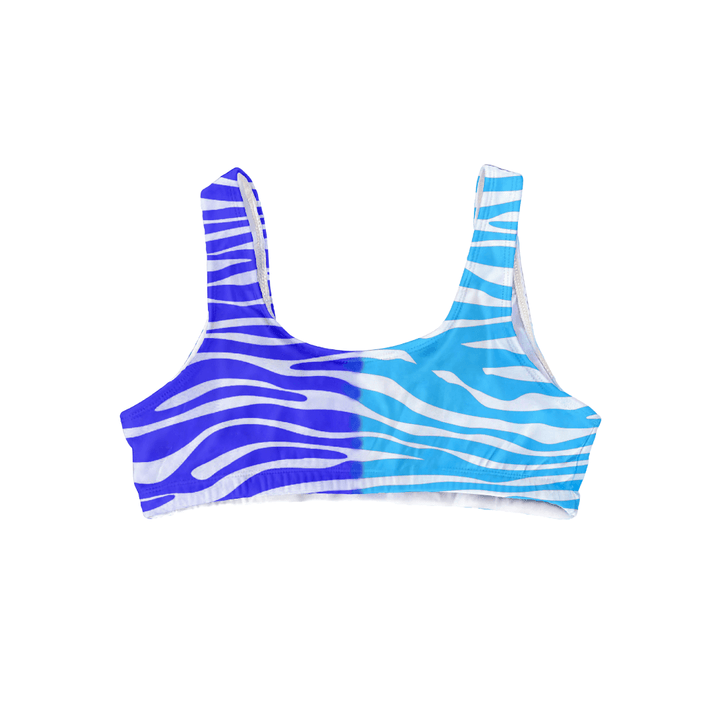 Atlantic high waisted bikini top half changed.  The change occurs when temperature is applied changing from darker blue to a lighter blue. Kameleon Swim