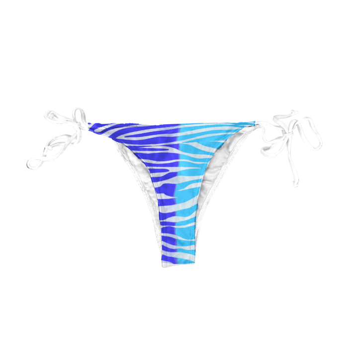 Atlantic string bikini bottoms half changed.  The change occurs when temperature is applied changing from darker blue to a lighter blue. Kameleon Swim