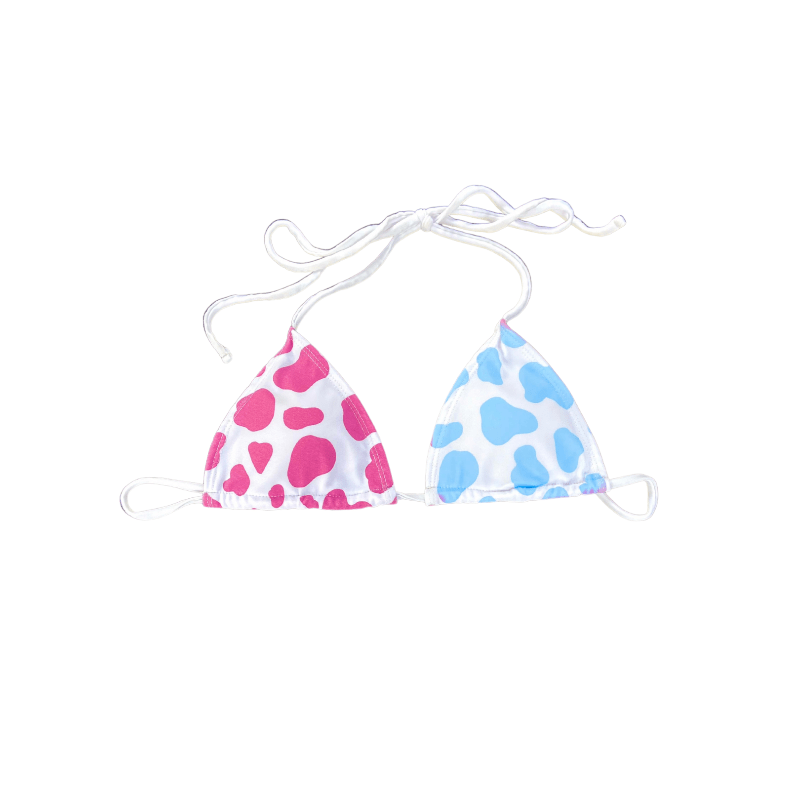 Berry blast color changing cow print string bikini that changes when temperature activates the crystals. The colors go from a purple to a blue.  Kameleon Swim