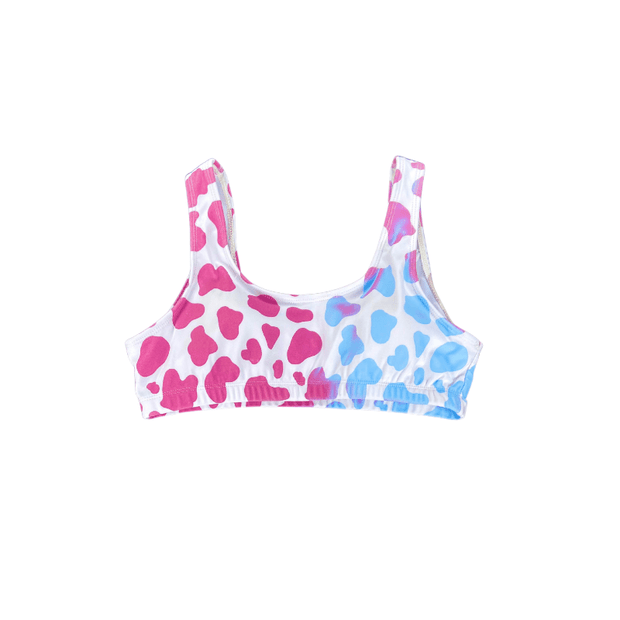 Berry blast color changing cow print in a high waisted top.  The color crystals activate the changing colors when heat is applied going from a purple to a blue. Kameleon Swim