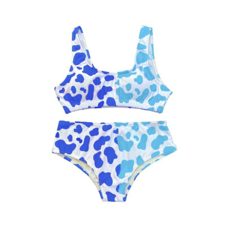 Atlantic cow print for girls that changes color when temperature changes.  Colors go from darker blue to lighter blue.  Kameleon Swim