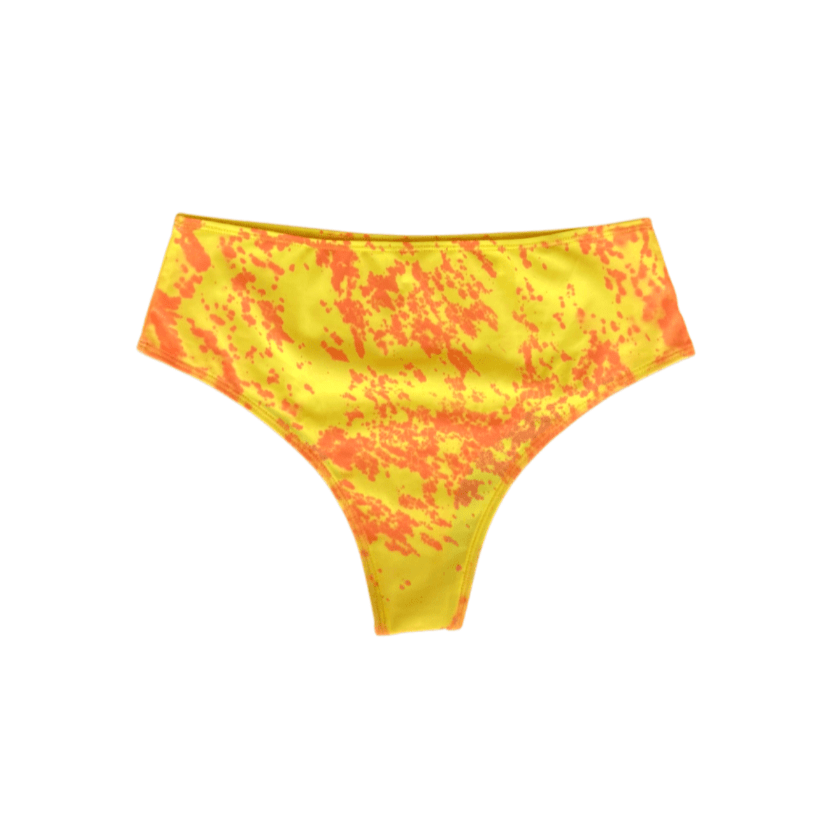 Color changing high waisted bikini. Sunburst that changes from orange to yellow when activated by temperature changes.  Kamleon Swim