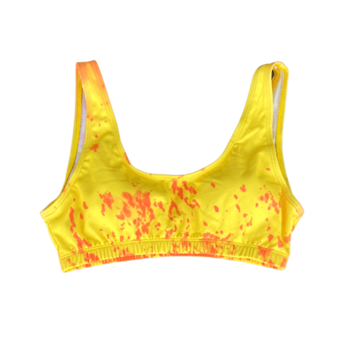 Sunburst color changing high waisted bikini top. The color change is activated by temperature that cause the suit to change from orange to yellow.  Kameleon Swim